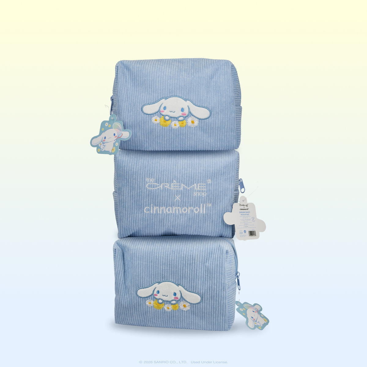 Cinnamoroll Dream Daisy Makeup Bag — three blue bags stacked to show front and back designs
