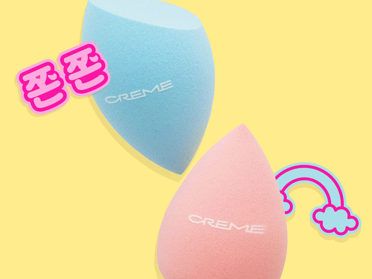 Blue and pink Blending Sponge Duo on a yellow background with playful graphics.