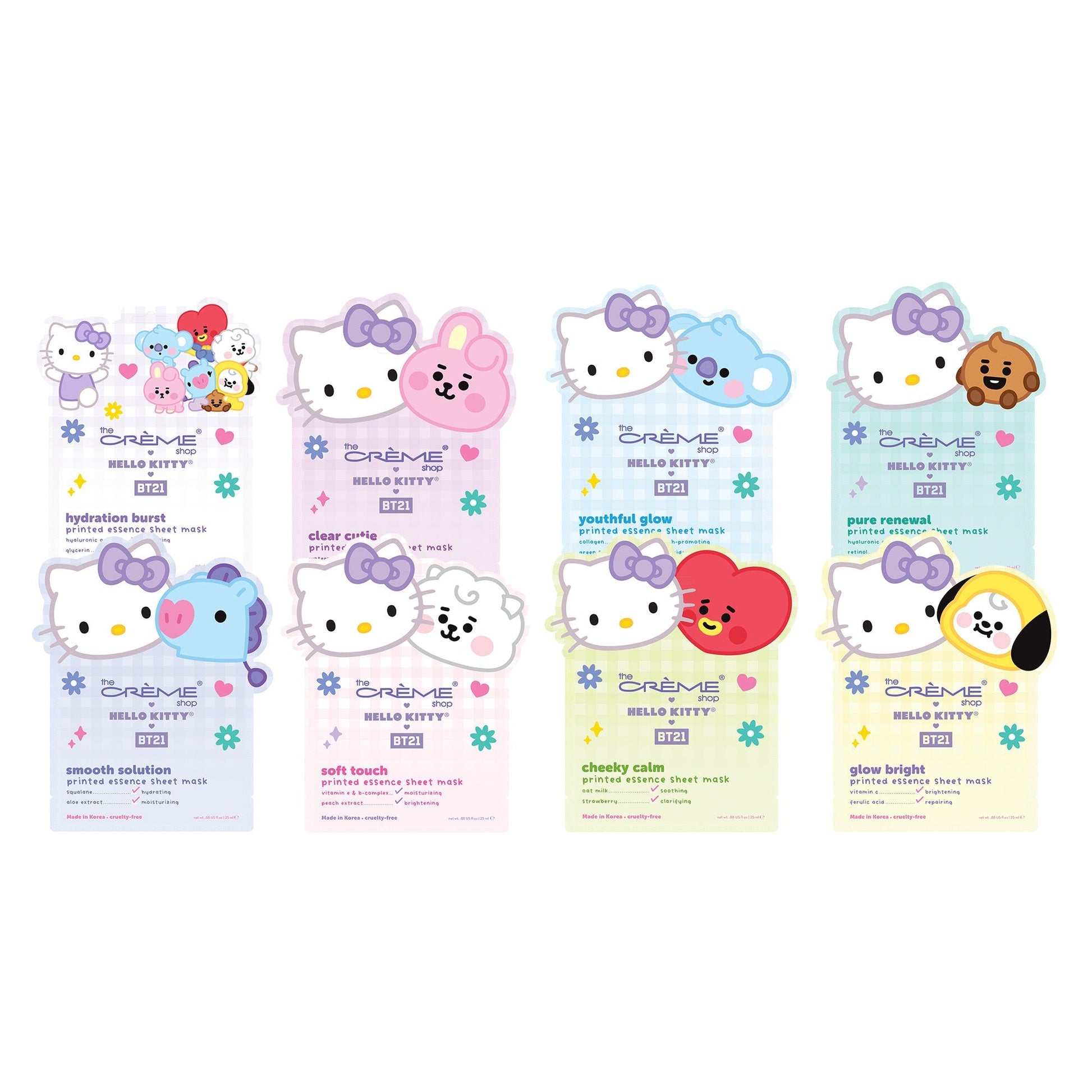 The Crème Shop: Hello Kitty & BT21 Printed Essence Sheet Mask Collection, Set of 8, $30