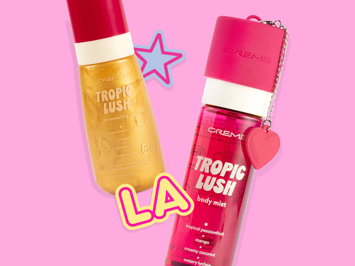 Tropic Lush Body Mist and Shimmering Body Oil on a pink background.