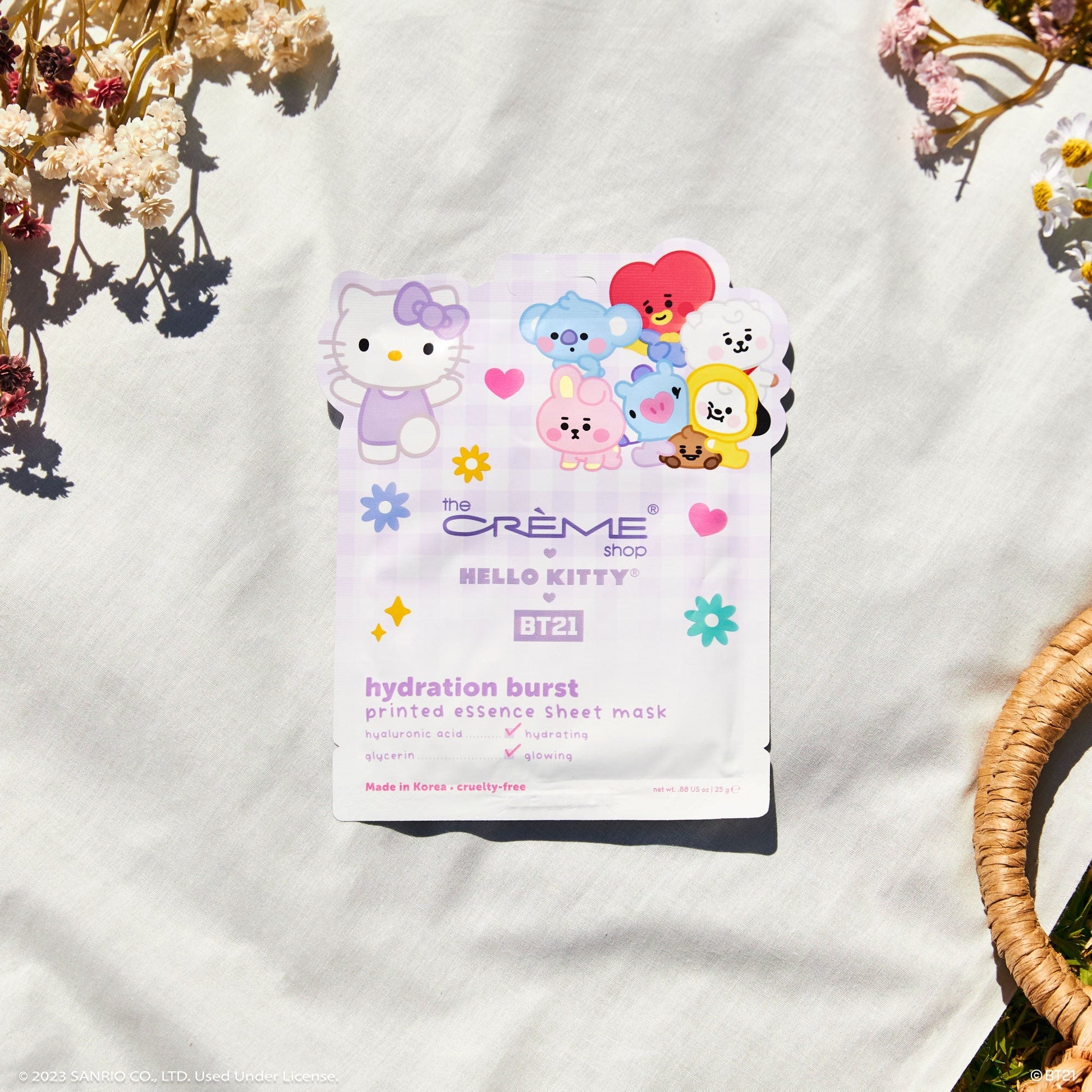 Hello Kitty & BT21 Hydration Burst Printed Essence Sheet Mask with Hyaluronic Acid and Glycerin, $4