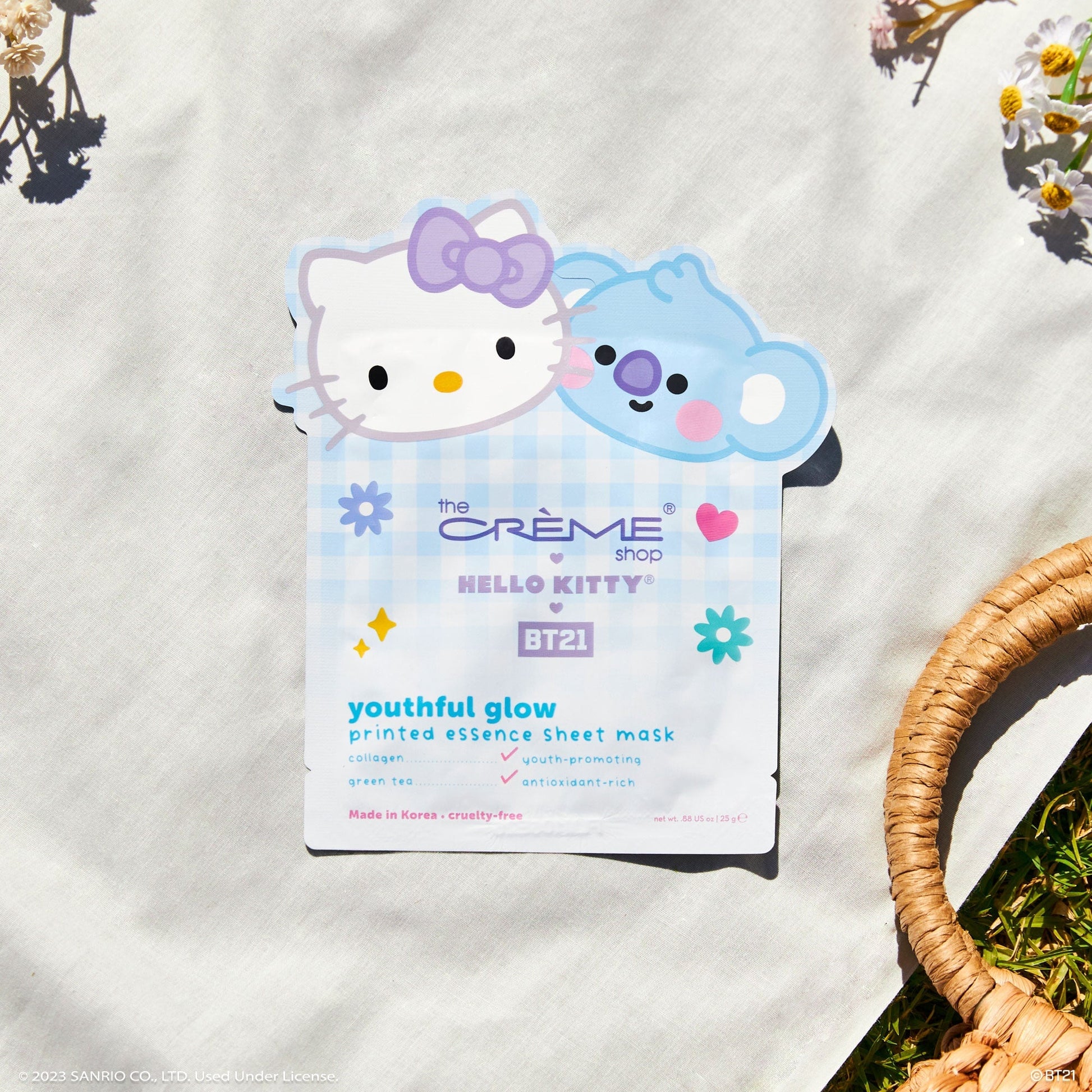 Hello Kitty & BT21 Youthful Glow Printed Essence Sheet Mask with Collagen and Green Tea, $4