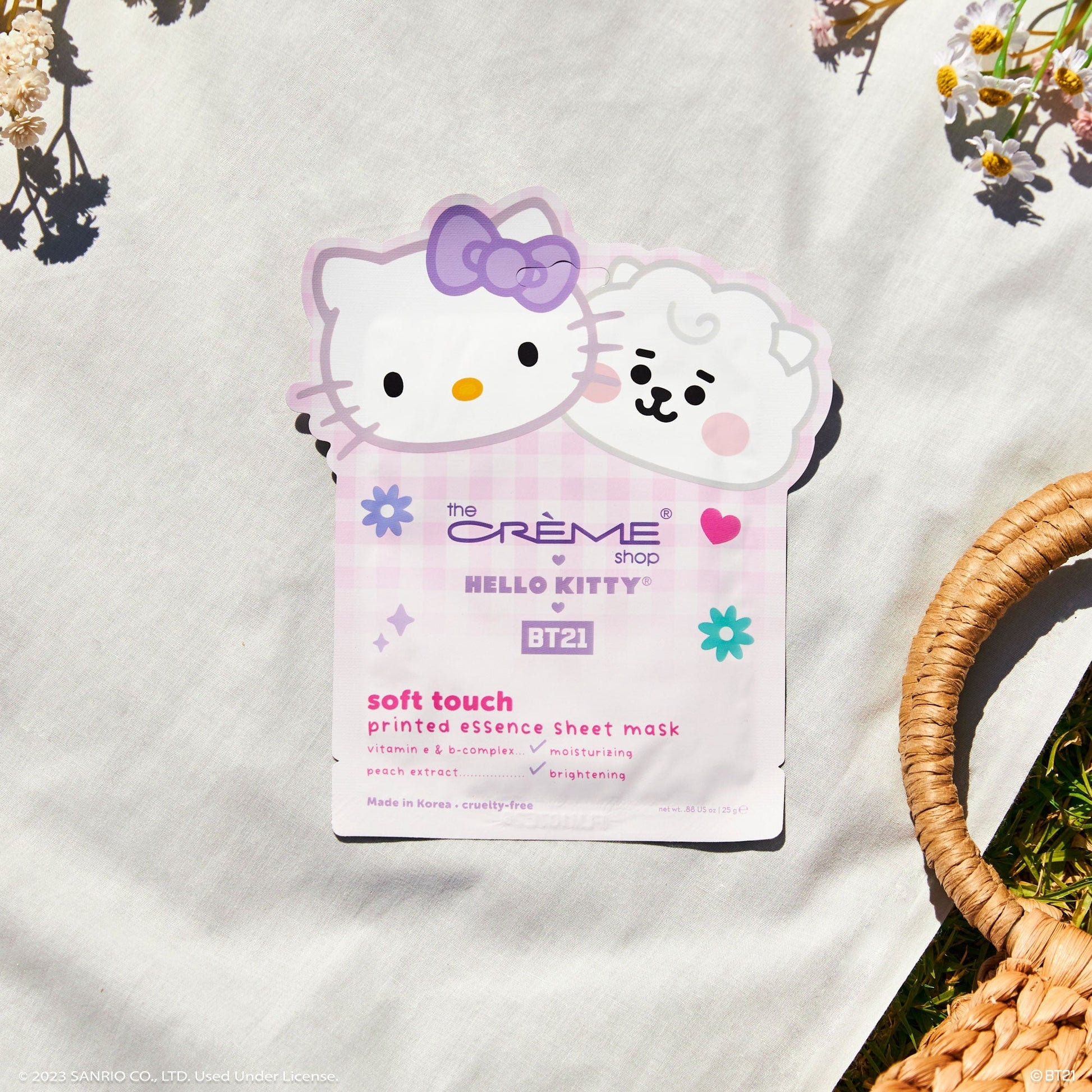 Hello Kitty & BT21 Soft Touch Printed Essence Sheet Mask with Vitamin C & B-Complex and Peach Extract, $4