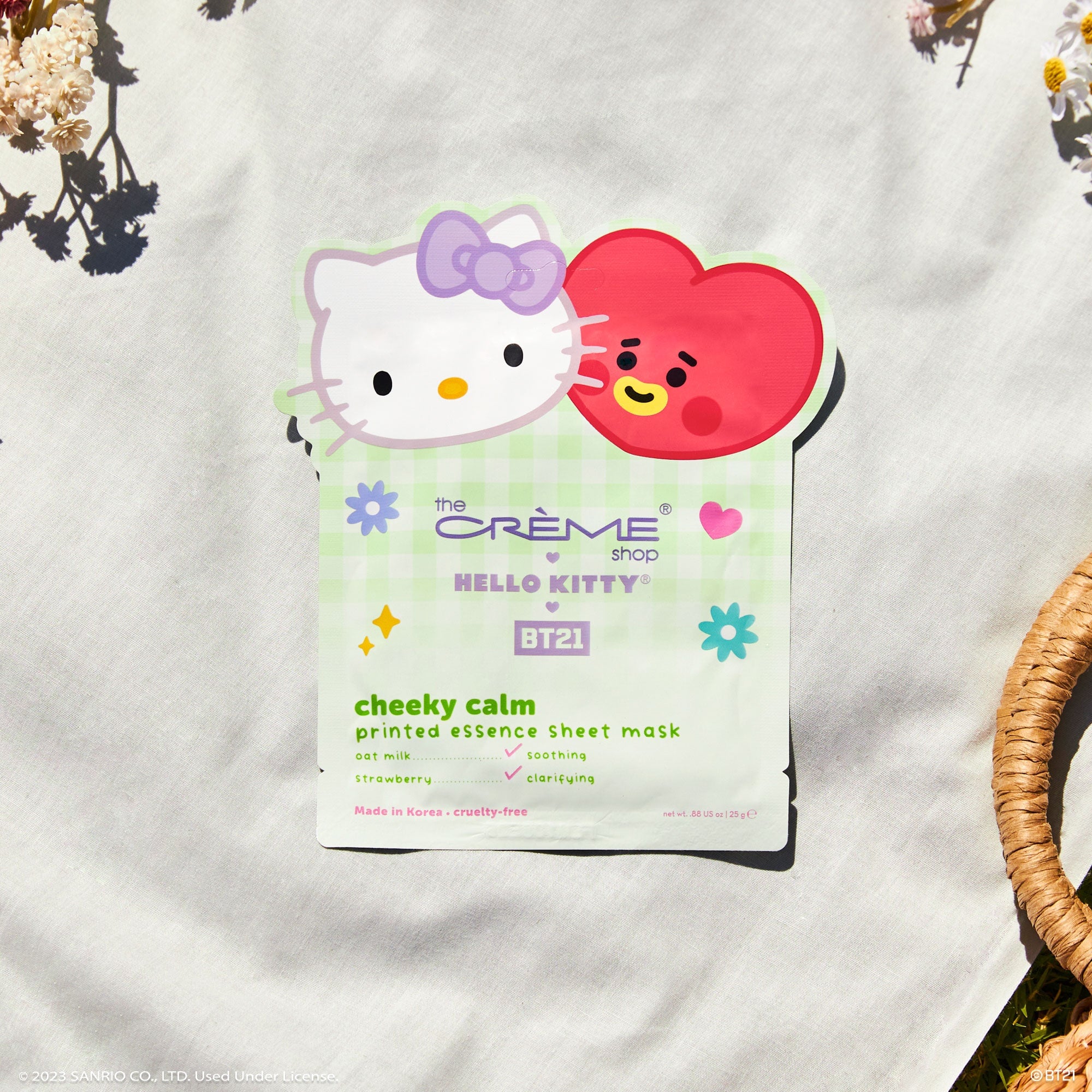 Hello Kitty & BT21 Cheeky Calm Printed Essence Sheet Mask with Oatmilk and Strawberry, $4