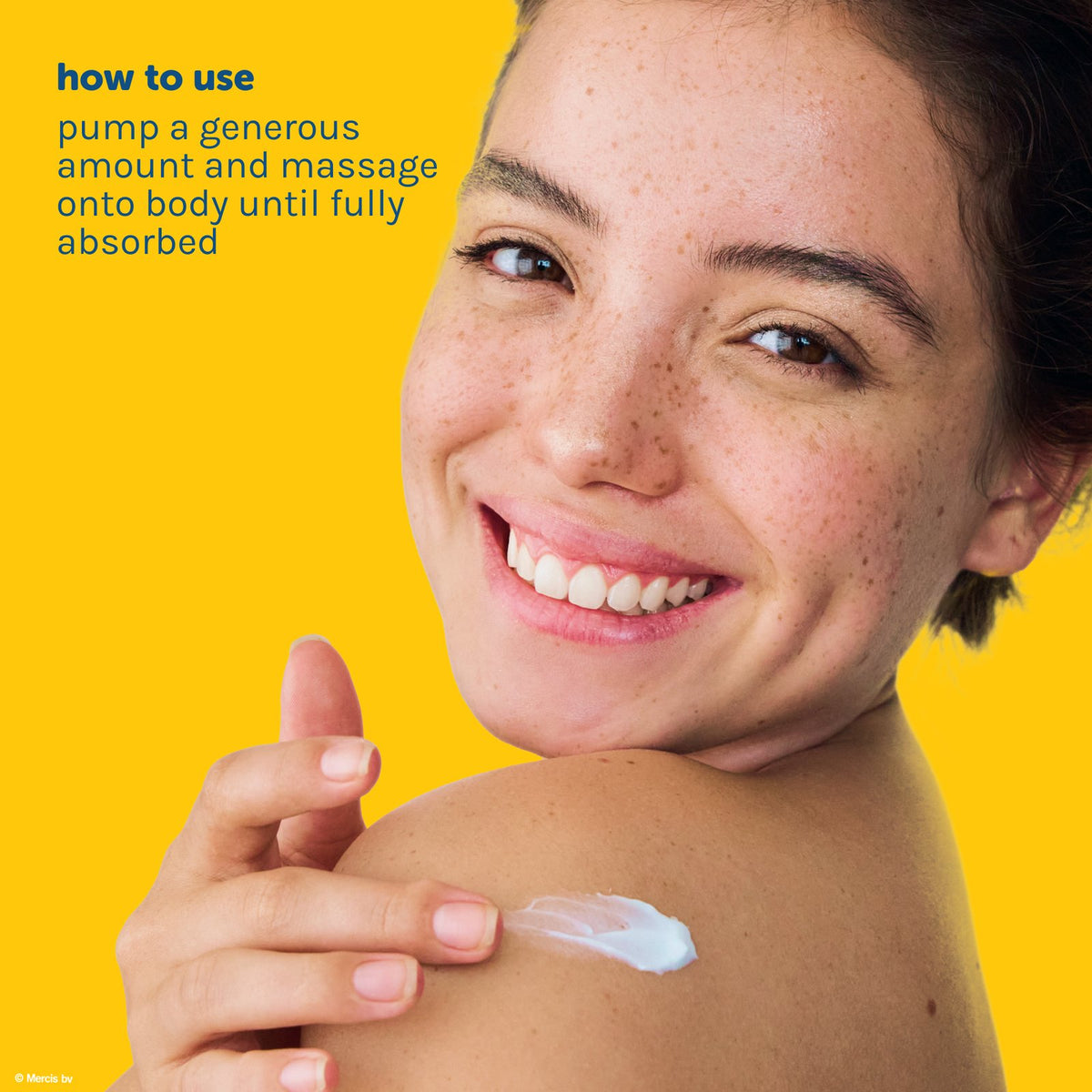 Miffy Flower Garden Body Lotion — model applying lotion to her shoulder with massage directions