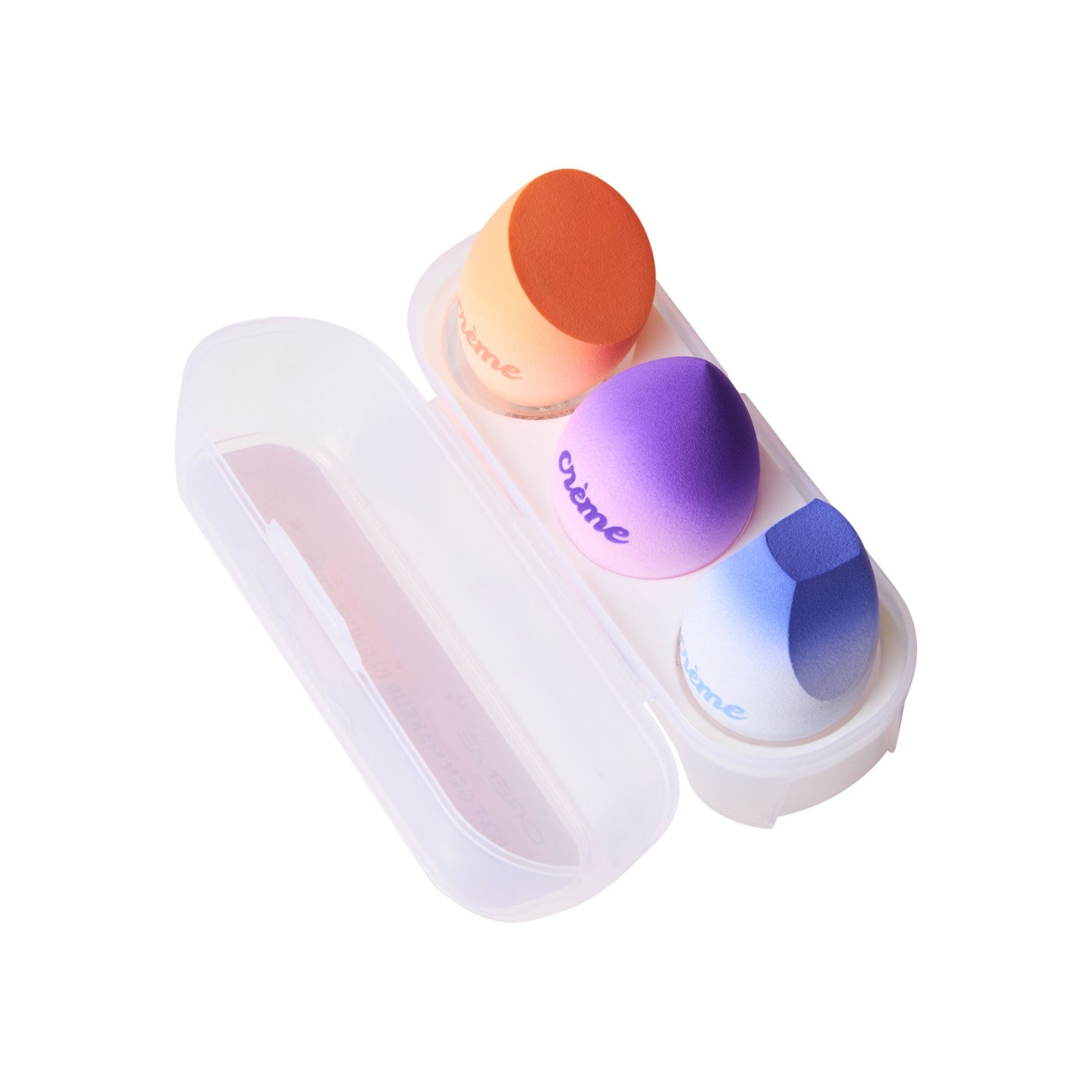 The Crème Shop Next Gen Makeup Blender Trio (Purple & Peach) Blending Sponges with reusable storage case