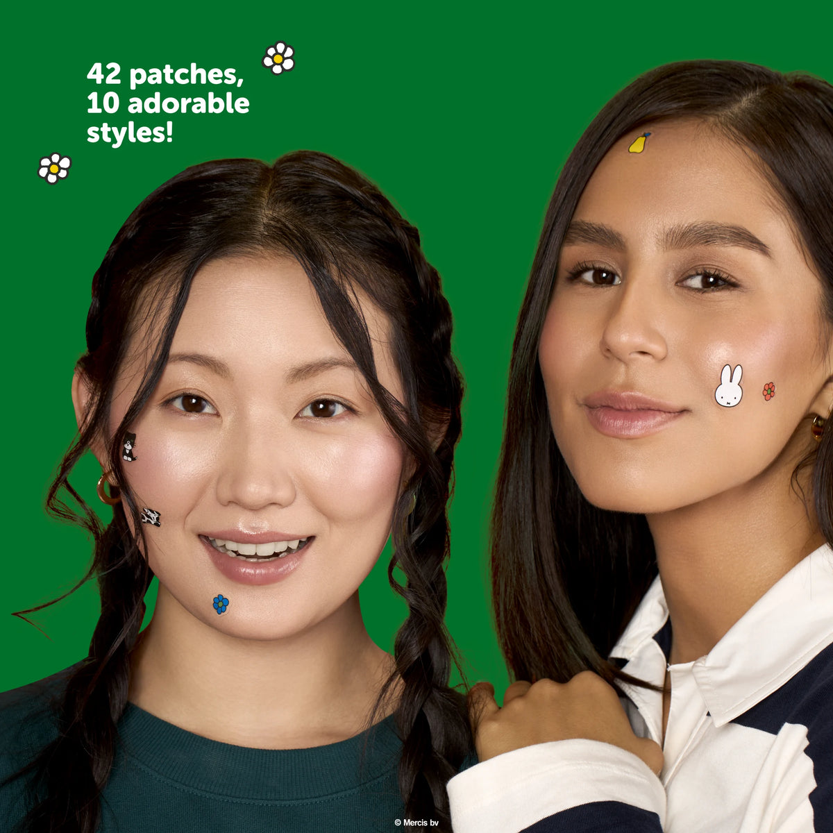 Miffy Clear As Day! Blemish Patches — two models wearing Miffy blemish patches