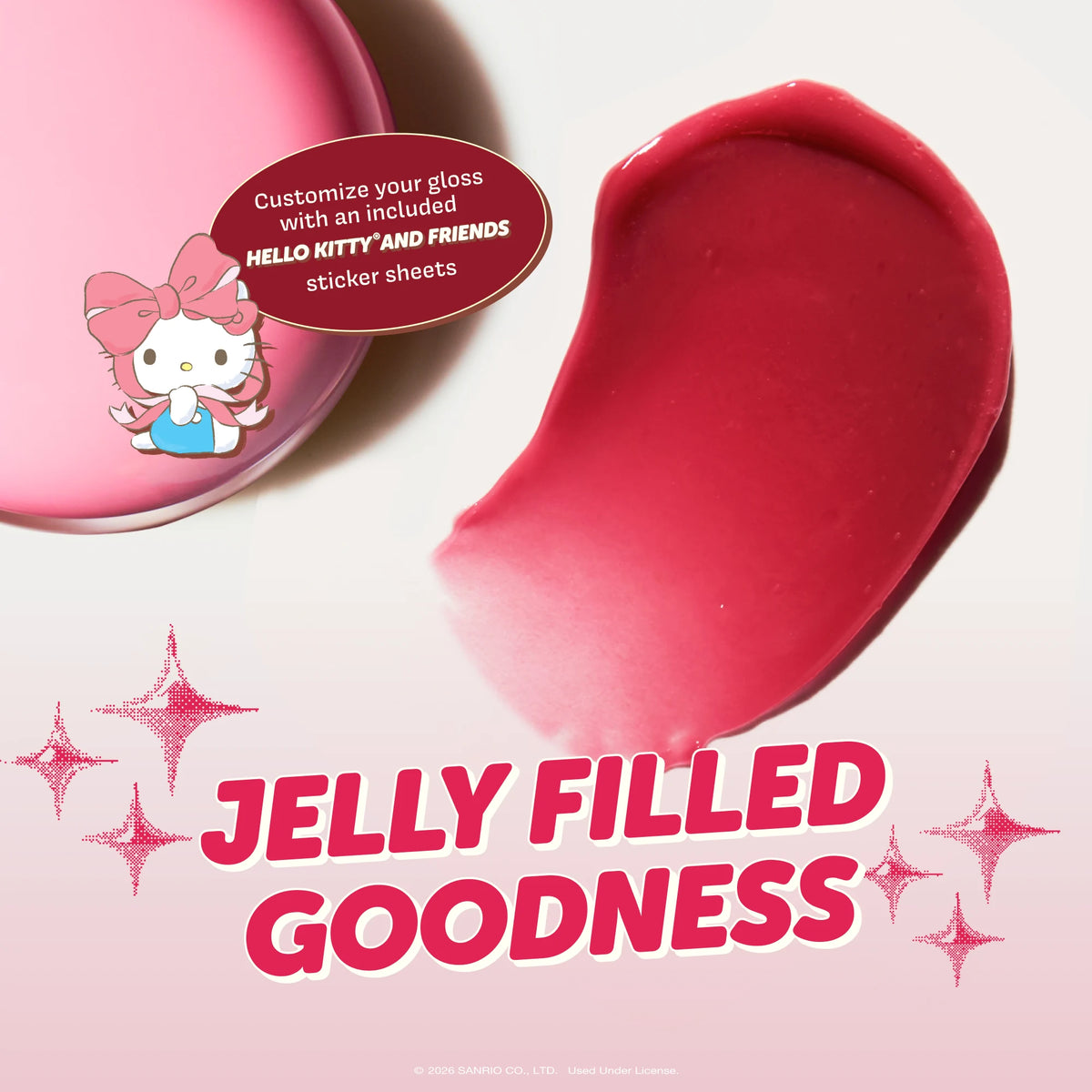 Gloss Jelly Lip Glaze — Berry Cherry — Hello Kitty sticker on the jar beside a berry-red texture swatch