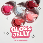 Gloss Jelly Lip Glaze — Berry Cherry — five Jelly Lip Glaze shades in open jars