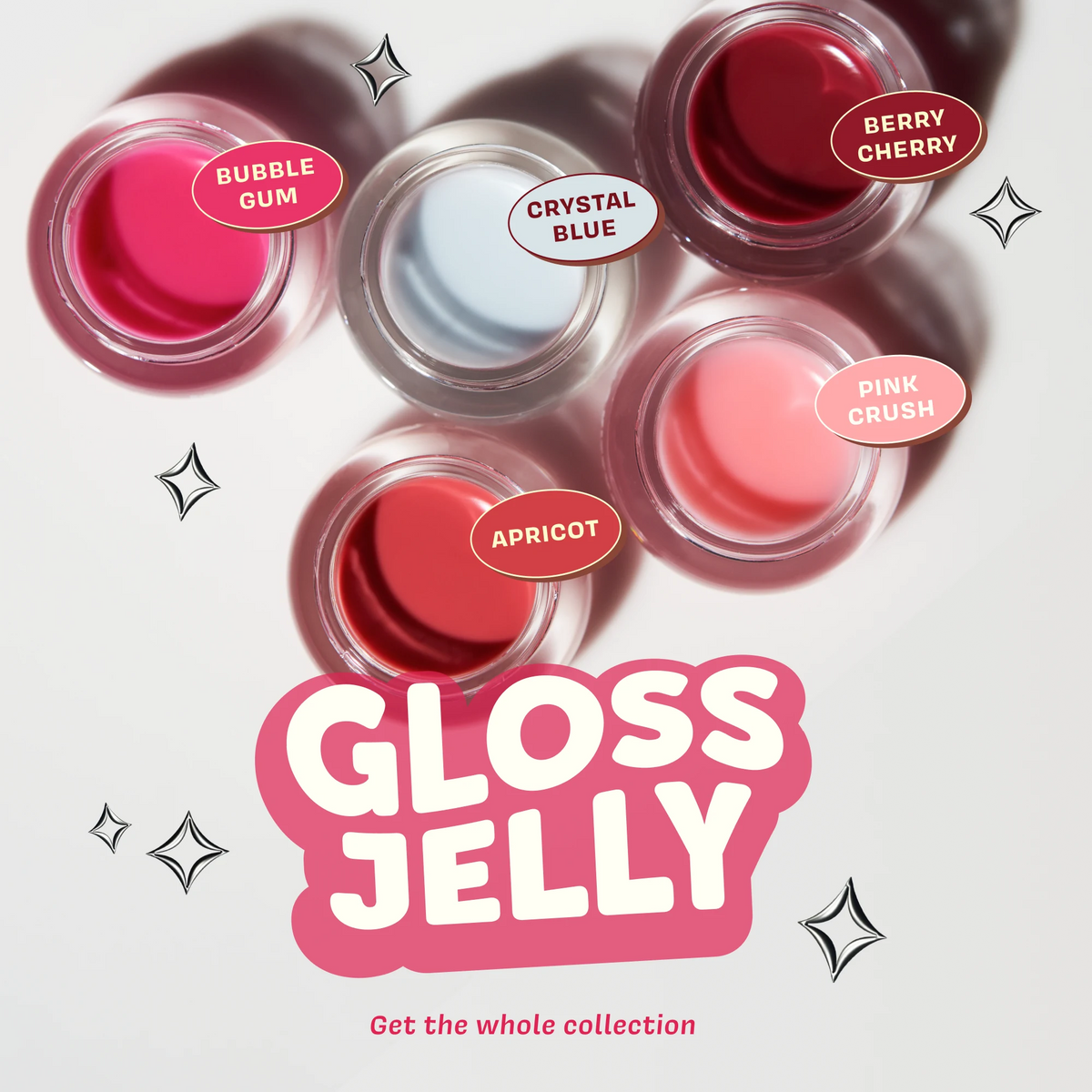 Gloss Jelly Lip Glaze — Berry Cherry — five Jelly Lip Glaze shades in open jars