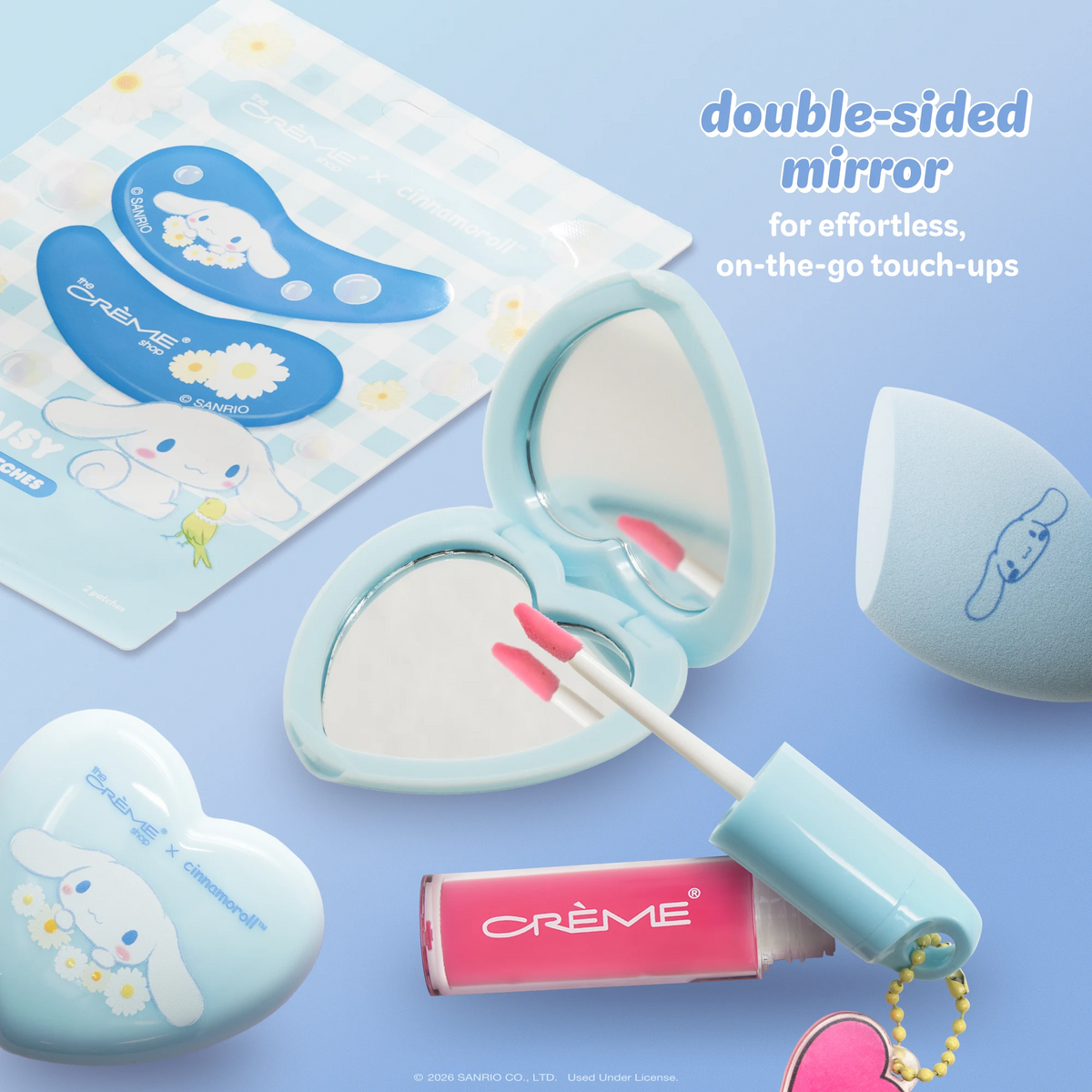 Cinnamoroll Dream Daisy Compact Mirror — open double-sided mirror with makeup accessories