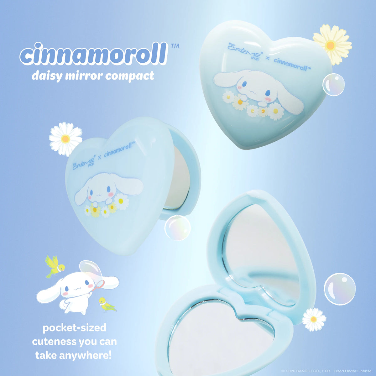 Cinnamoroll Dream Daisy Compact Mirror — open and closed compact with Cinnamoroll illustrations