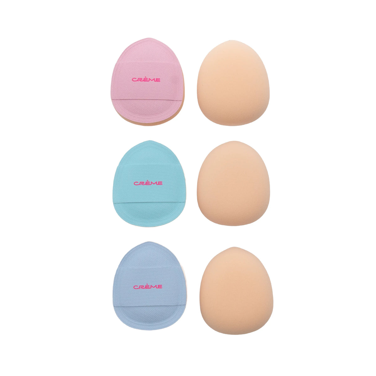 Bouncy Blend Mini Puff Set — fronts and backs of the three pastel makeup puffs