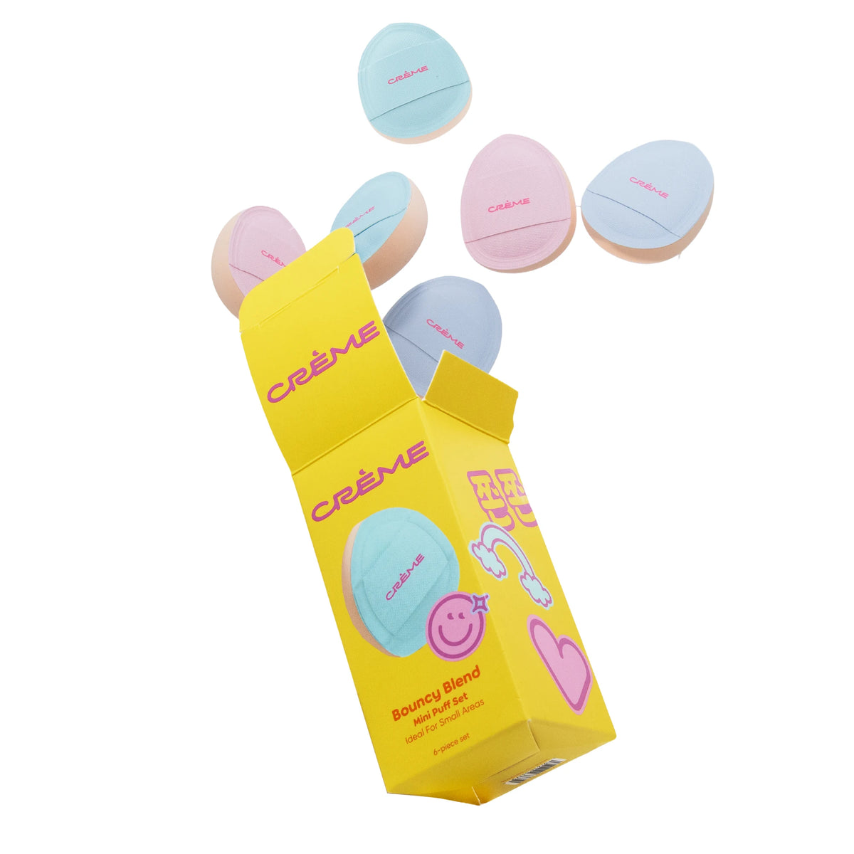 Bouncy Blend Mini Puff Set — pastel puffs displayed above the open yellow box