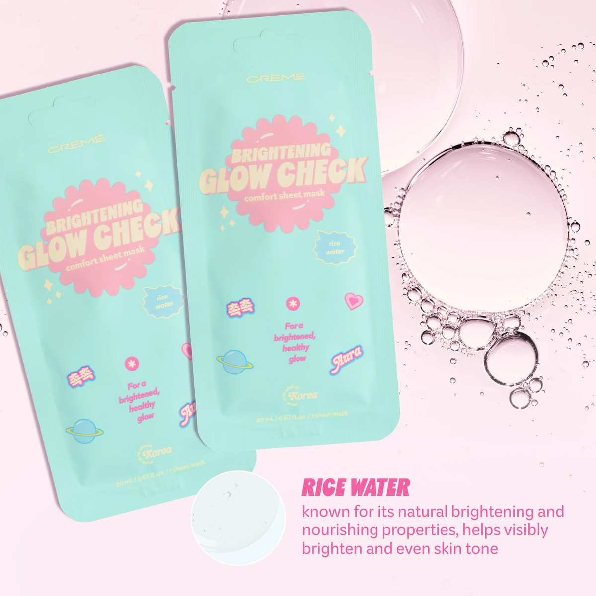 Brightening Glow Check Mask — mask pouches with rice water ingredient information