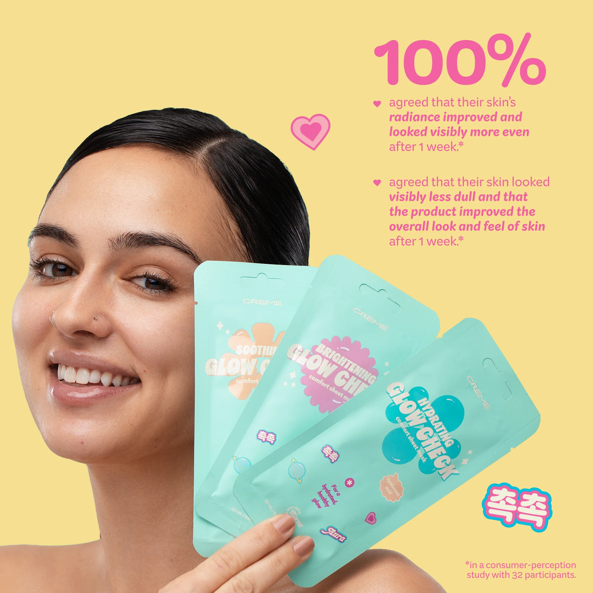 Brightening Glow Check Mask — model holding Glow Check masks with study results