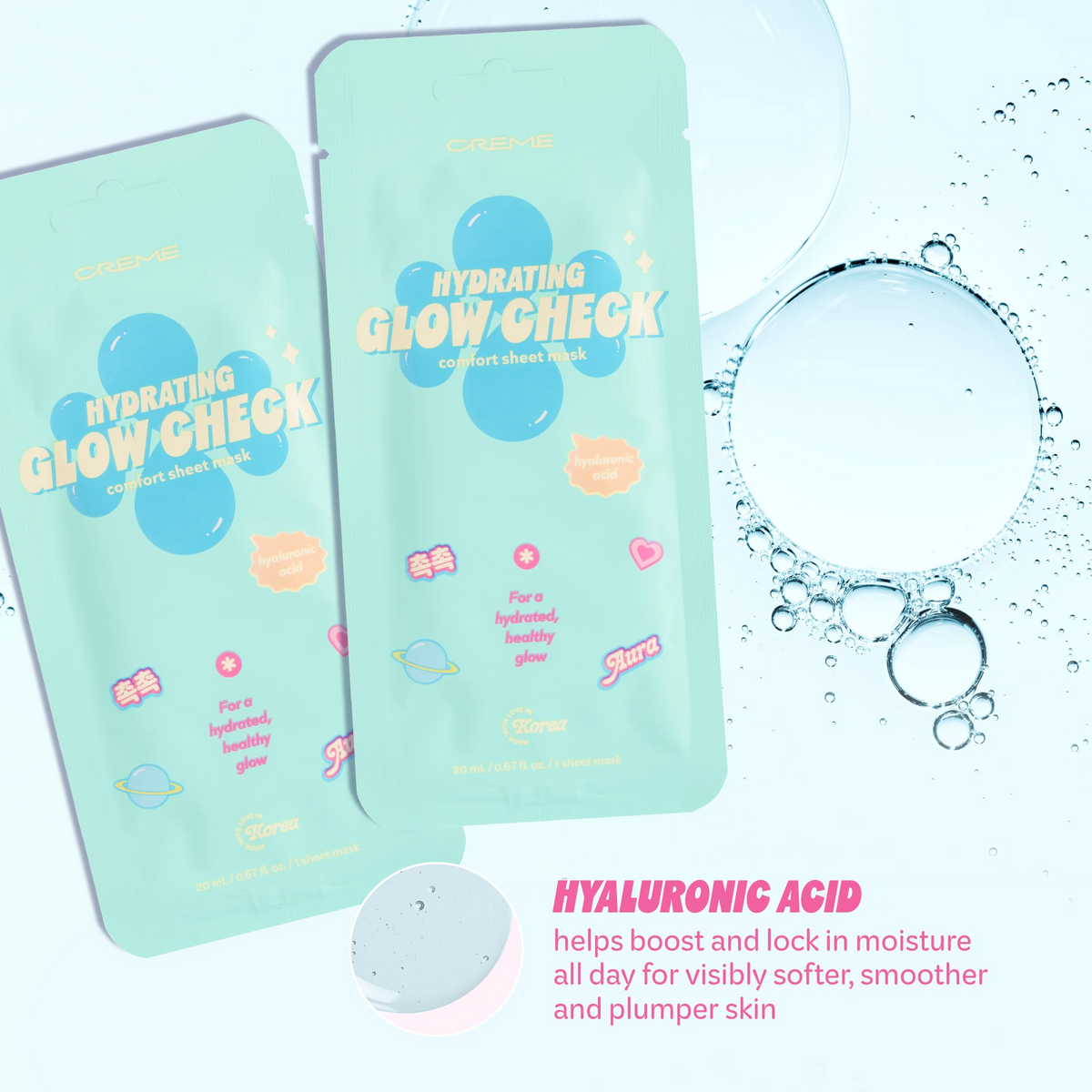 Hydrating Glow Check Mask — mask pouches with hyaluronic acid ingredient information