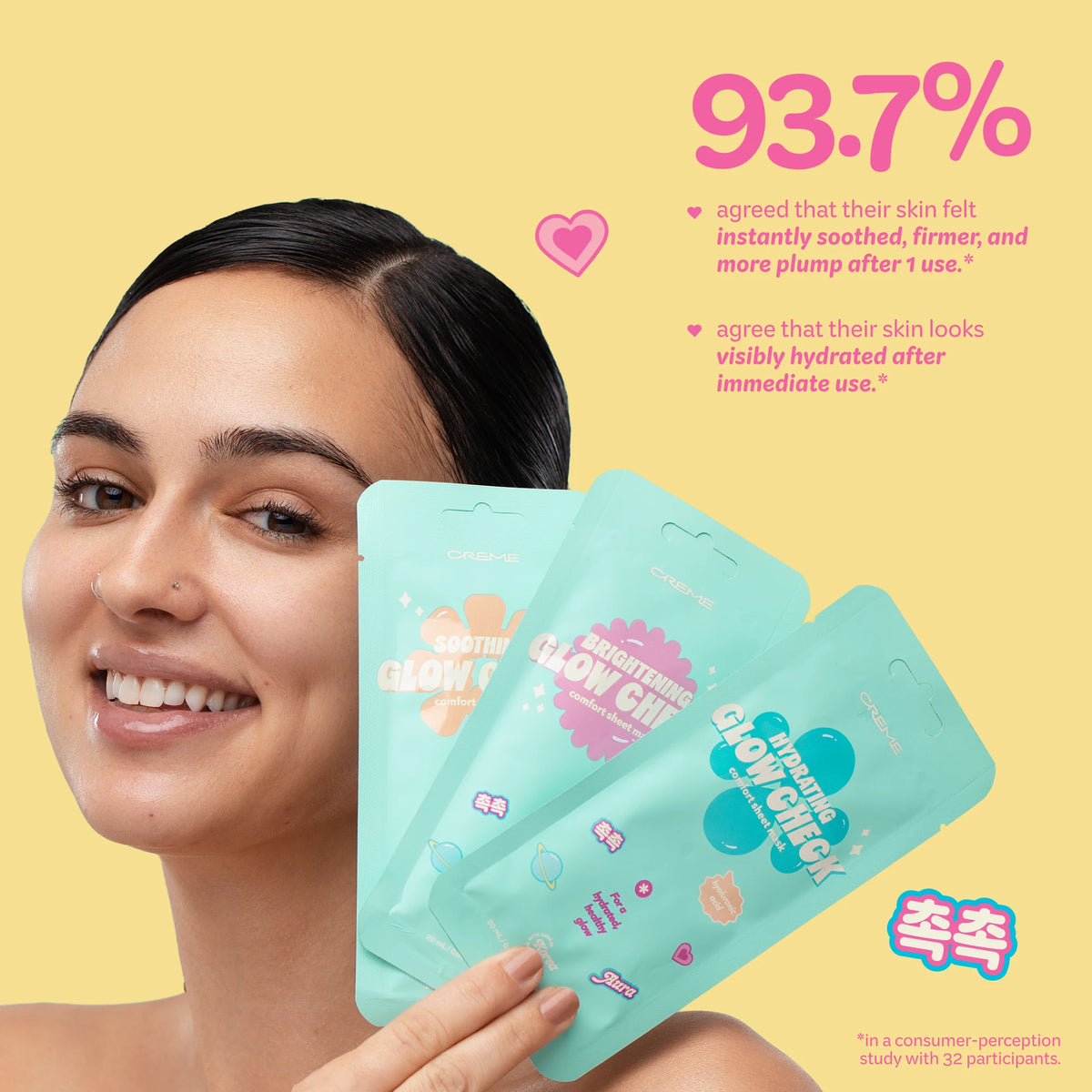 Hydrating Glow Check Mask — model holding Glow Check masks with study results