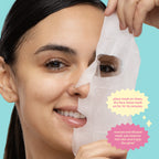 Soothing Glow Check Mask — model wearing a sheet mask with 10–15 minute application directions