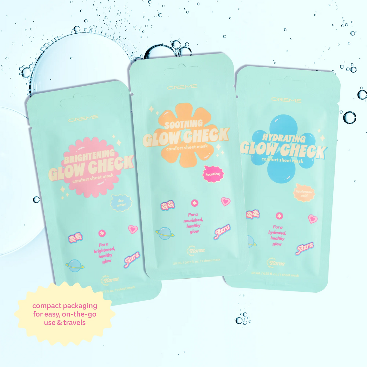 Soothing Glow Check Mask — three Glow Check mask pouches with water splash