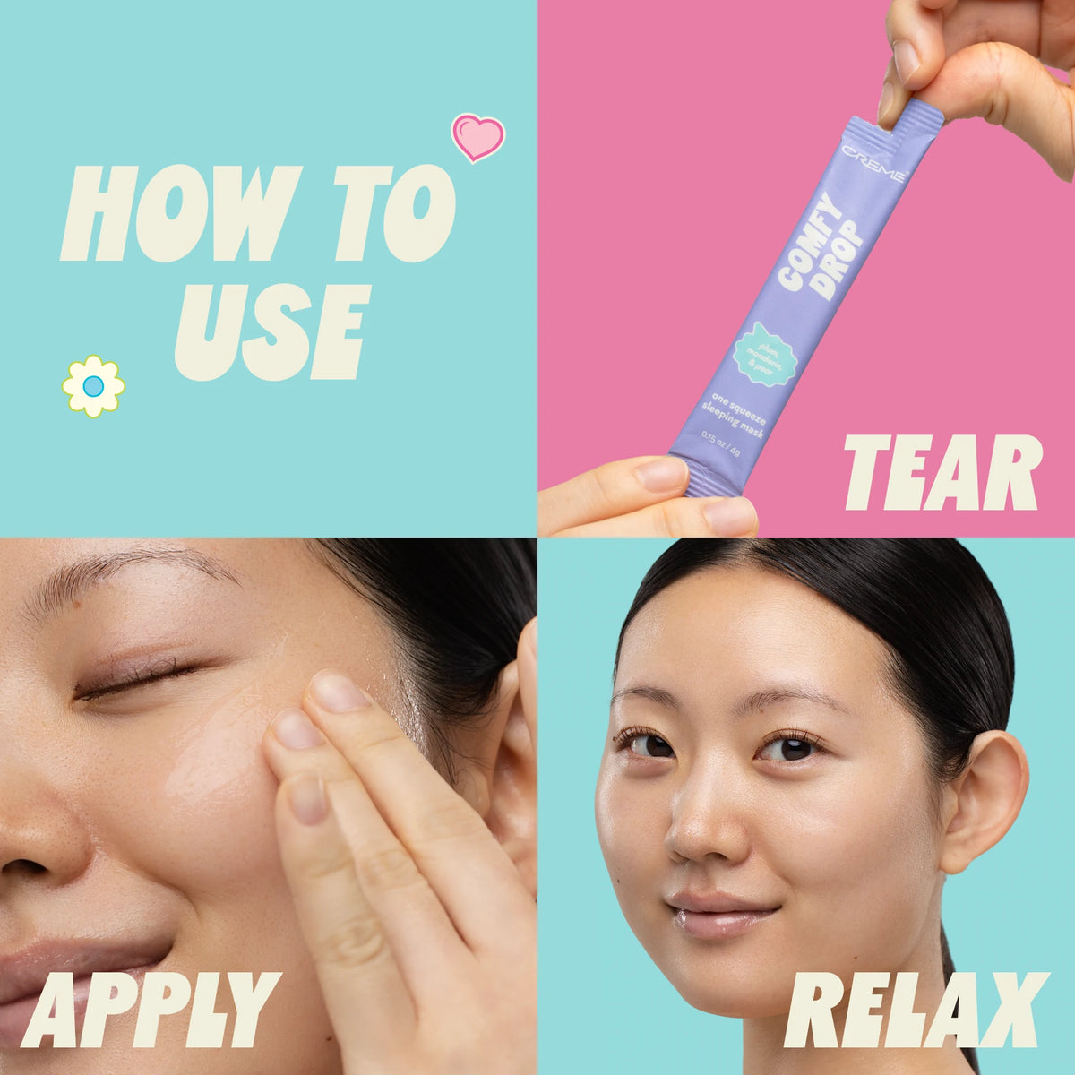 Hydration Station Sleeping Mask Variety Pack — tear, apply and relax directions shown with a model