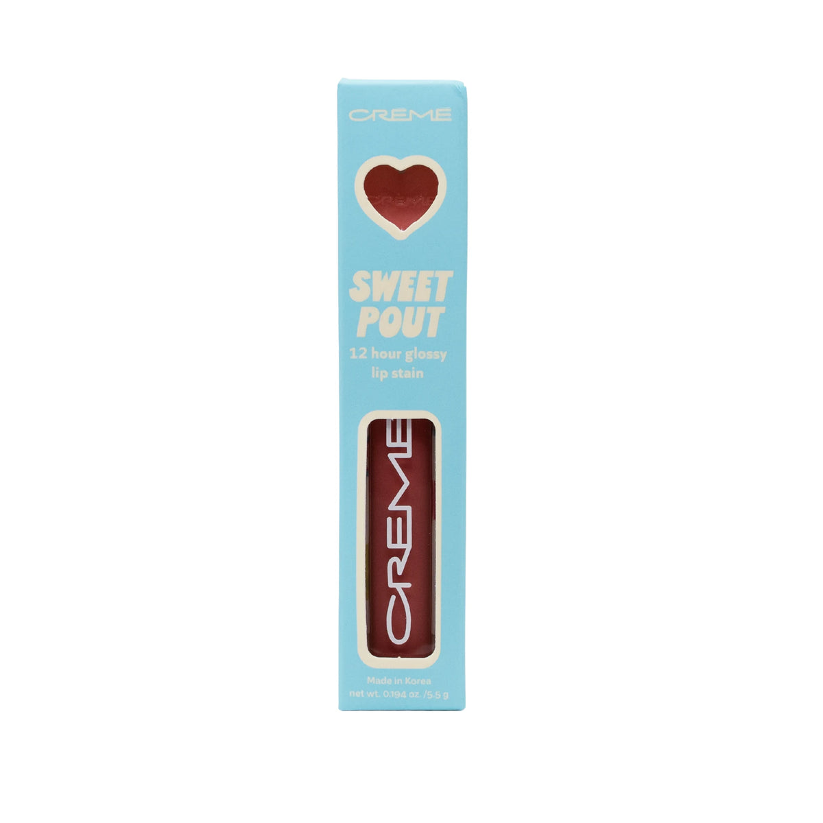 Sweet Pout Lip Stain — Blushing — turquoise box with a heart window