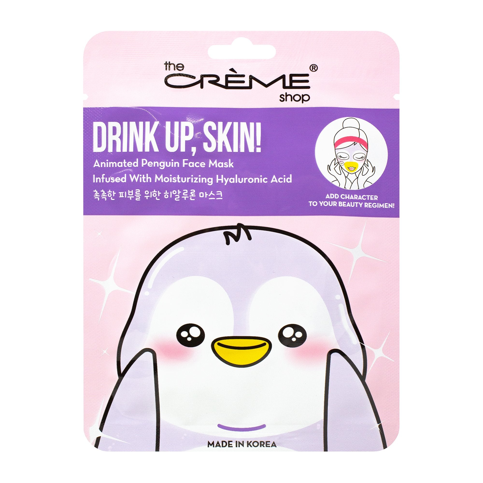 Drink Up, Skin! Animated Penguin Face Mask - Infused with Moisturizing Hyaluronic Acid Animated Sheet Mask Single - The Crème Shop 