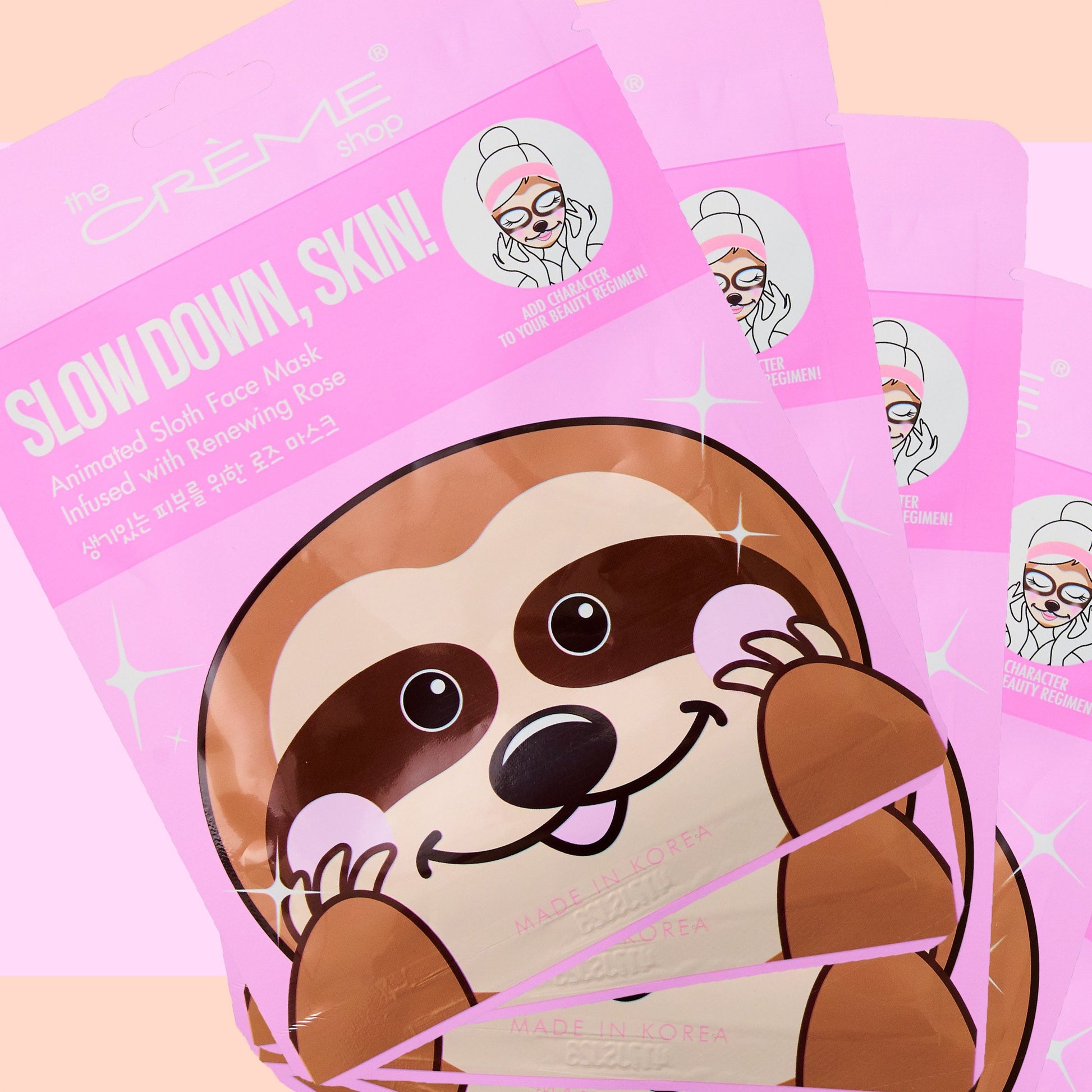 Slow Down, Skin! Animated Sloth Face Mask - Renewing Rose Animated Sheet Masks - The Crème Shop 
