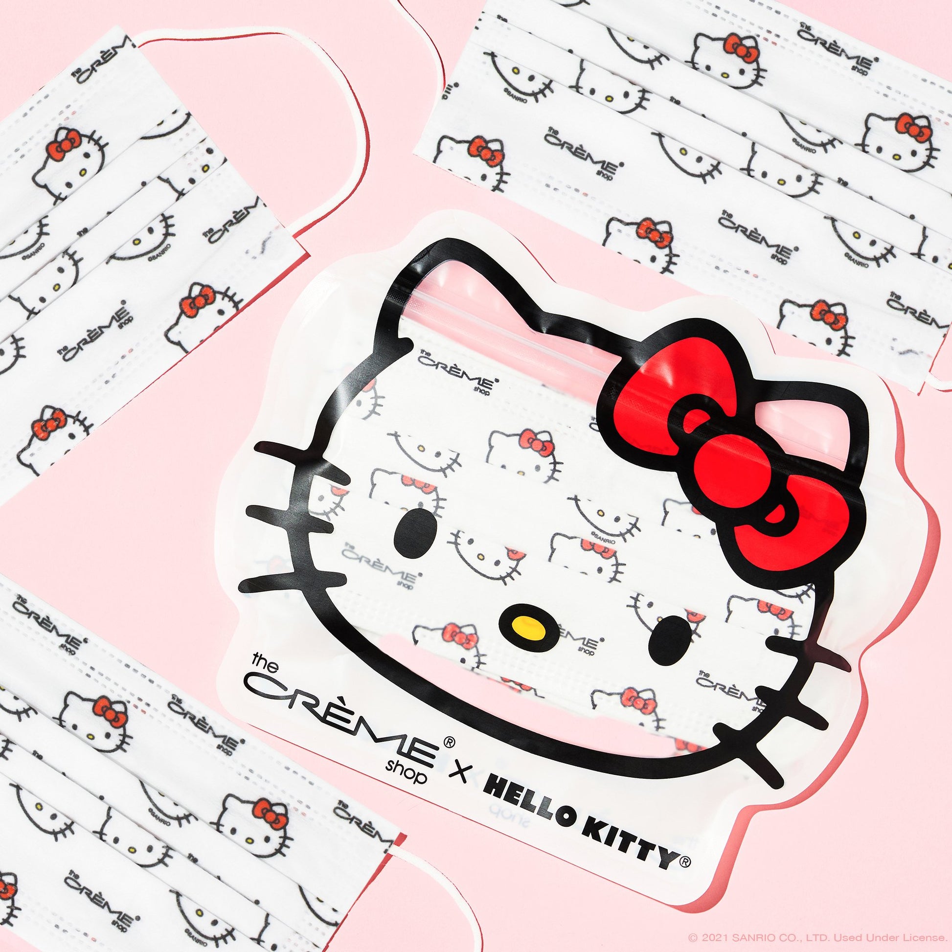 Hello Kitty 3-Ply Disposable Protective Face Mask | Classic White Protective Masks The Crème Shop x Sanrio Set of 14 + Reusable Hello Kitty Pouch - The Crème Shop x Sanrio