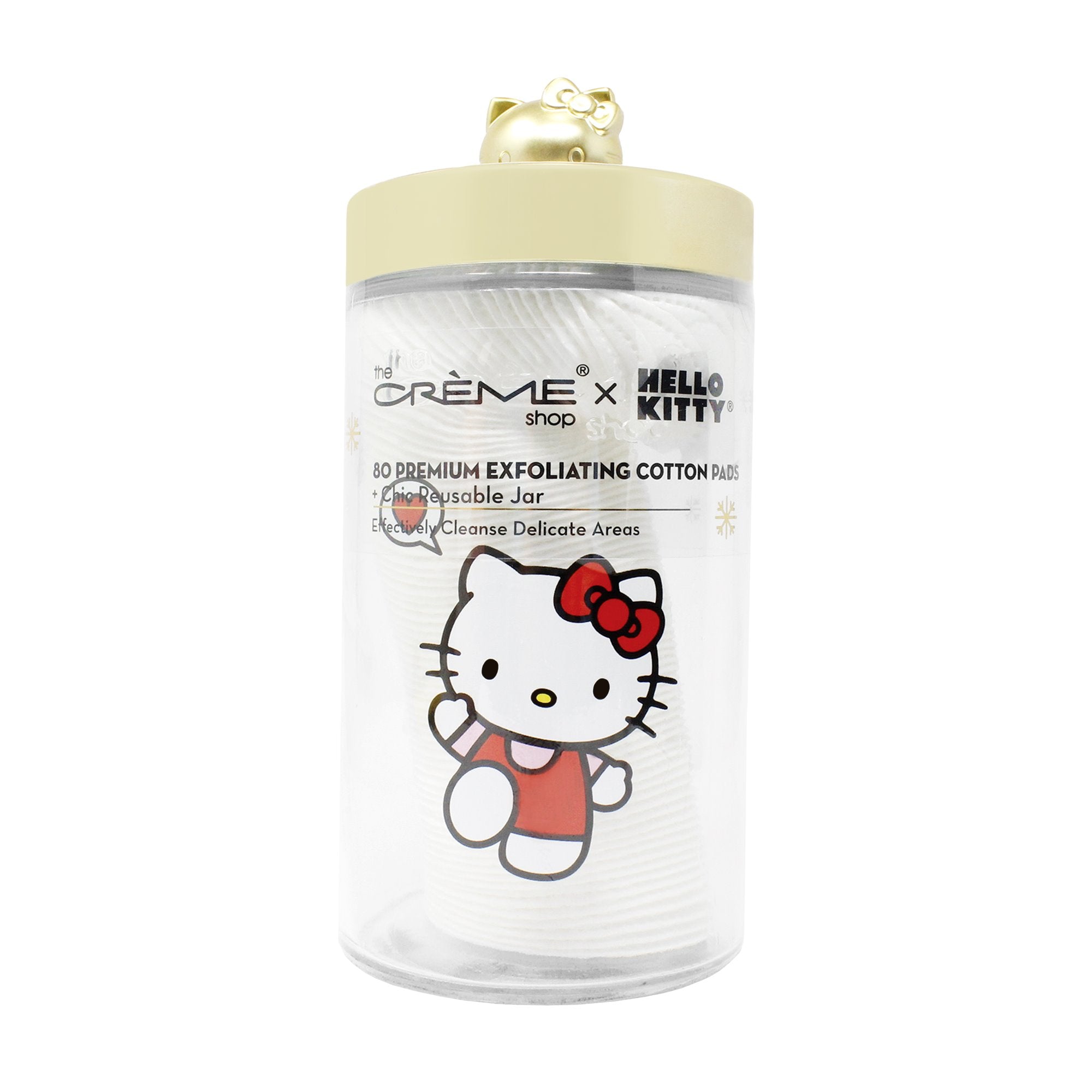 Hello Kitty Chic Large Reusable Jar + Premium Cotton Pads – Holiday Matte Gold Cotton Pads The Crème Shop x Sanrio 