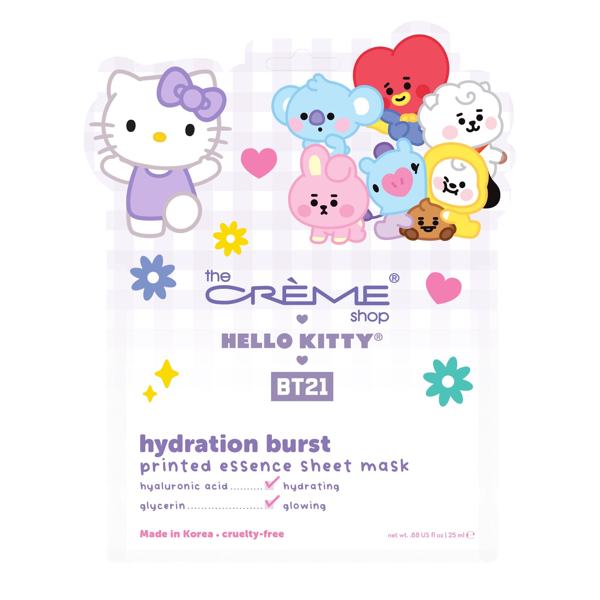 Hydrating and Glowing Hello Kitty & BT21 Hydration Burst Printed Essence Sheet Mask, $4