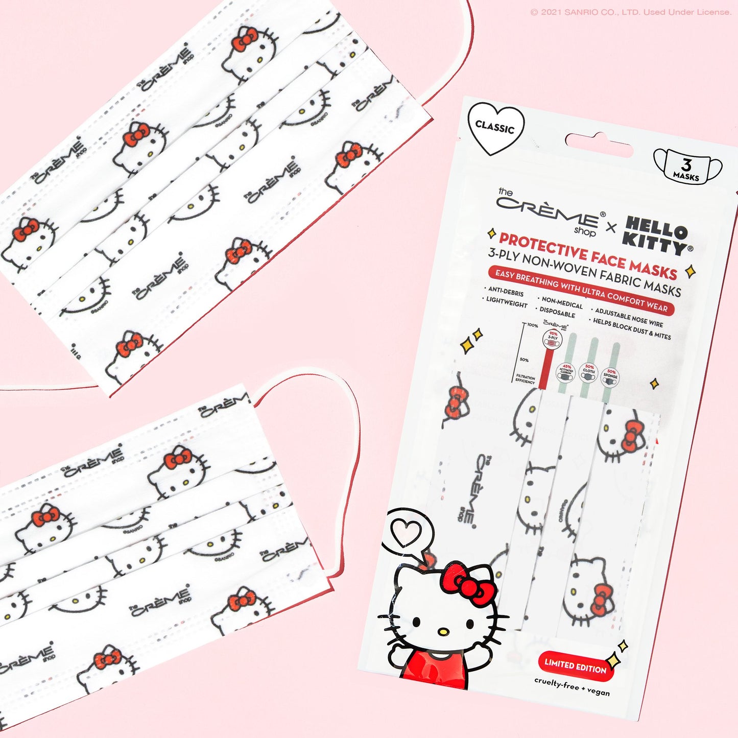 Hello Kitty 3-Ply Disposable Protective Face Mask | Classic White Protective Masks The Crème Shop x Sanrio 3 Count - The Crème Shop x Sanrio
