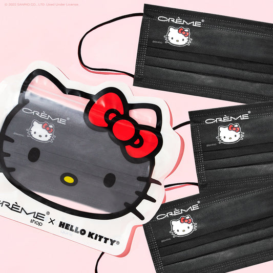 Hello Kitty 3-Ply Disposable Protective Face Mask | Iconic Black Protective Masks The Crème Shop x Sanrio Set of 14 + Reusable Hello Kitty Pouch - The Crème Shop x Sanrio