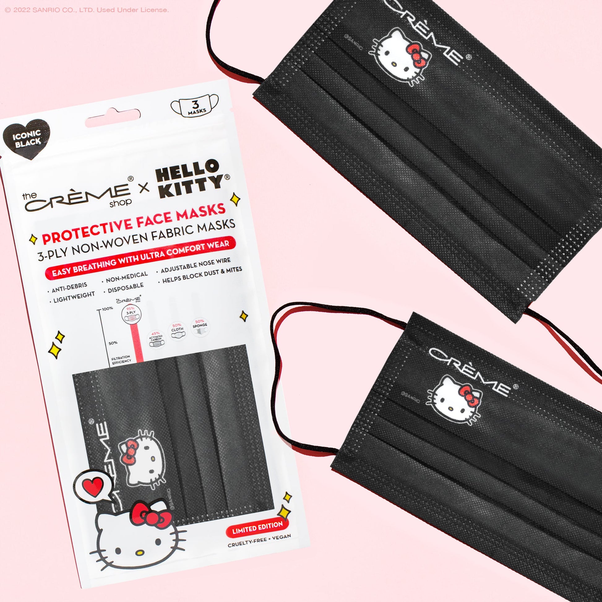 Hello Kitty 3-Ply Disposable Protective Face Mask | Iconic Black Protective Masks 3 Count - The Crème Shop x Sanrio 
