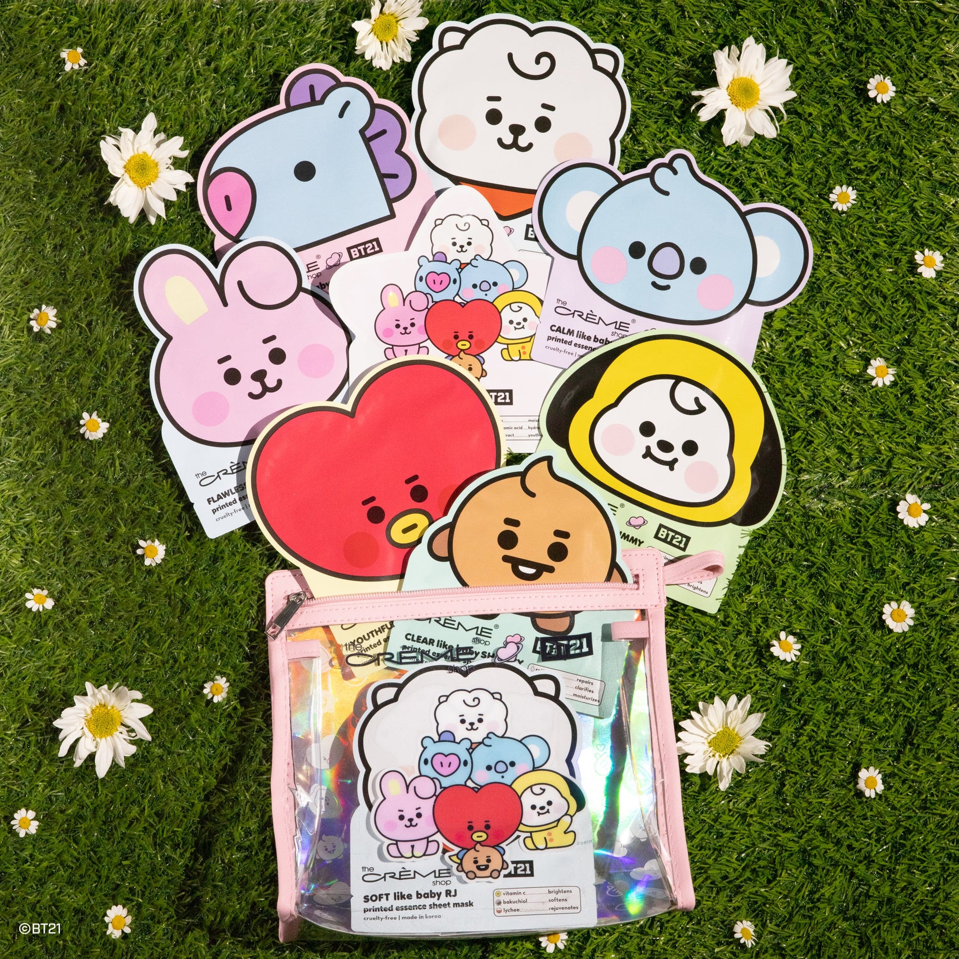 BT21 Baby Printed Essence Sheet Mask Complete Set with Travel Pouch Bundles The Crème Shop x BT21 BABY 